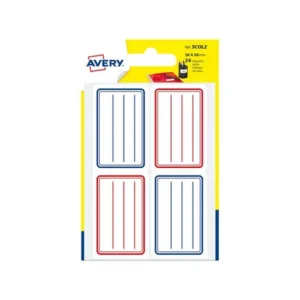 24 Étiquettes scolaires blanches lignées bleu/rouge - 36 x 56 mm - Avery